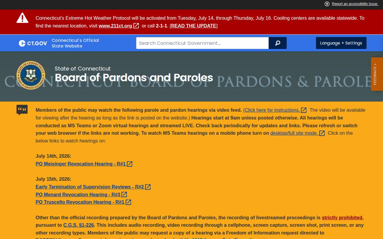 Connecticut parole and probation hearing records for Stamford releases